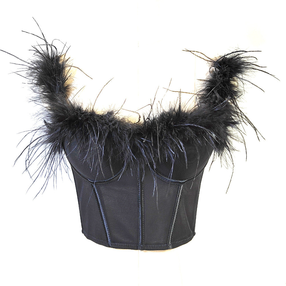 Corset tubulaire en fourrure d'autruche de haute qualité avec armatures et cordon de serrage, coupe slim, dos nu, avec plumes, diffusion en direct