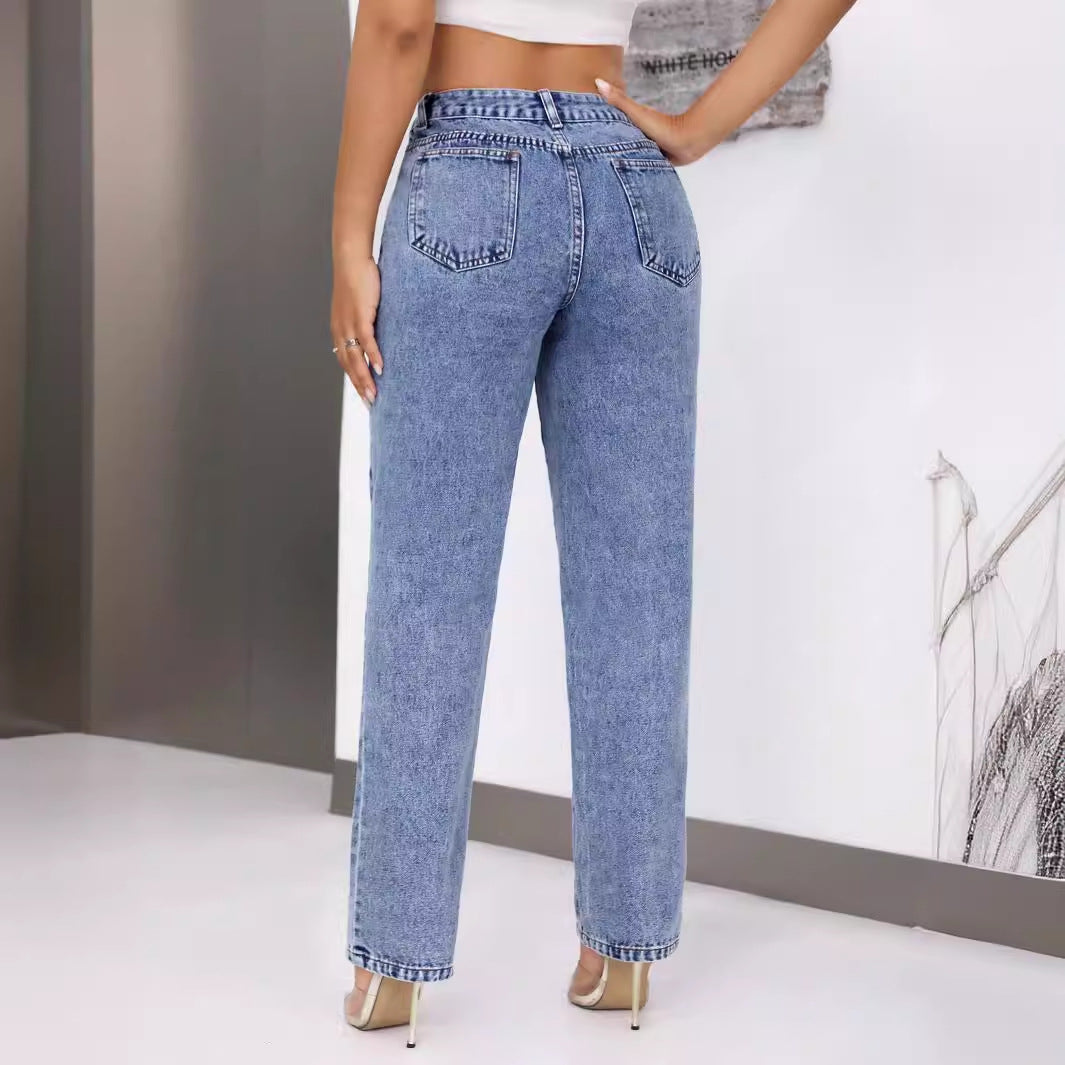 Pantalon droit en denim taille haute rétro pour femme