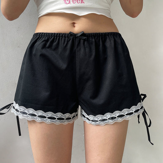 Short taille basse décontracté noir en dentelle avec coutures en nœud, basique et sexy, assorti à tout, été