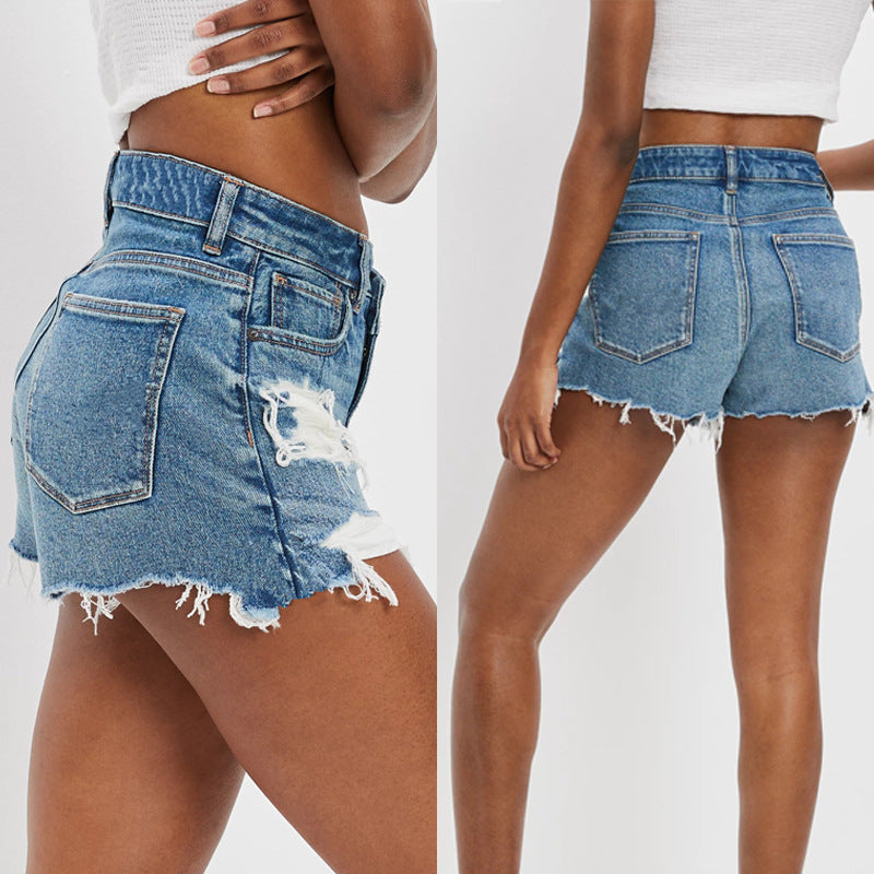 Ripped Shorts Split High Waist Denim Shorts Slimming Frayed Hem Denim Shorts