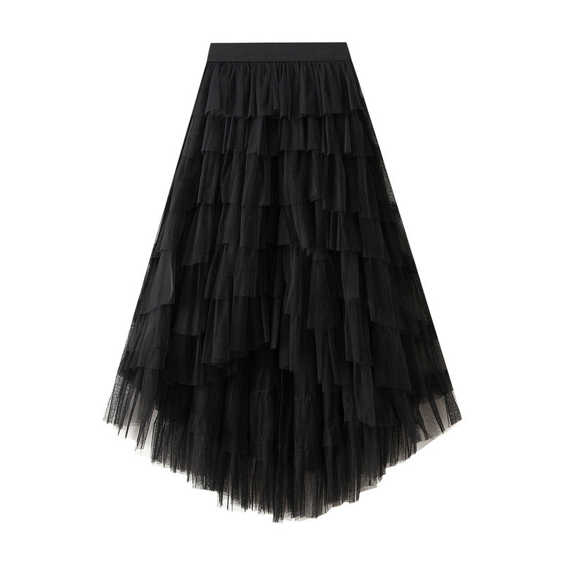 Unregelmäßiges asymmetrisches Stufenkleid Hohe Taille Mesh Rock Pettiskirt Damen Gaze Rock Feenkleid