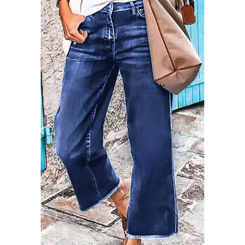 Pantalon de bureau droit en jean pour femme, taille moyenne, délavé