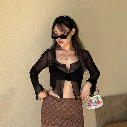 Autumn Women Sexy Slimming Inner Sling Irregular Asymmetric Mesh See through Top Set