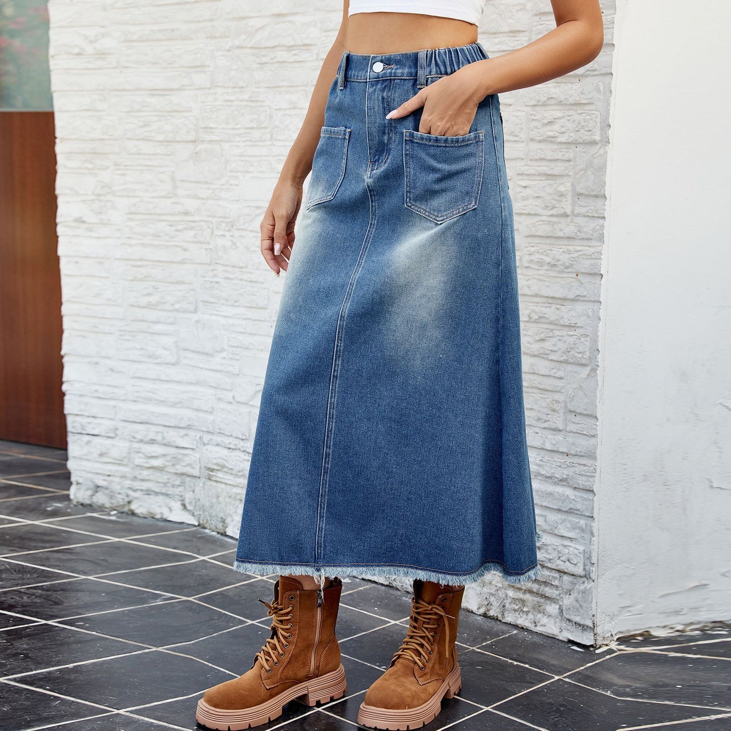 Women Clothing Spring Summer Washed Frayed Hem Denim Skirt Midi