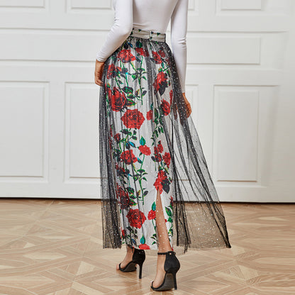 Autumn Women Clothing Elegant Casual Mesh Floral Print Skirt