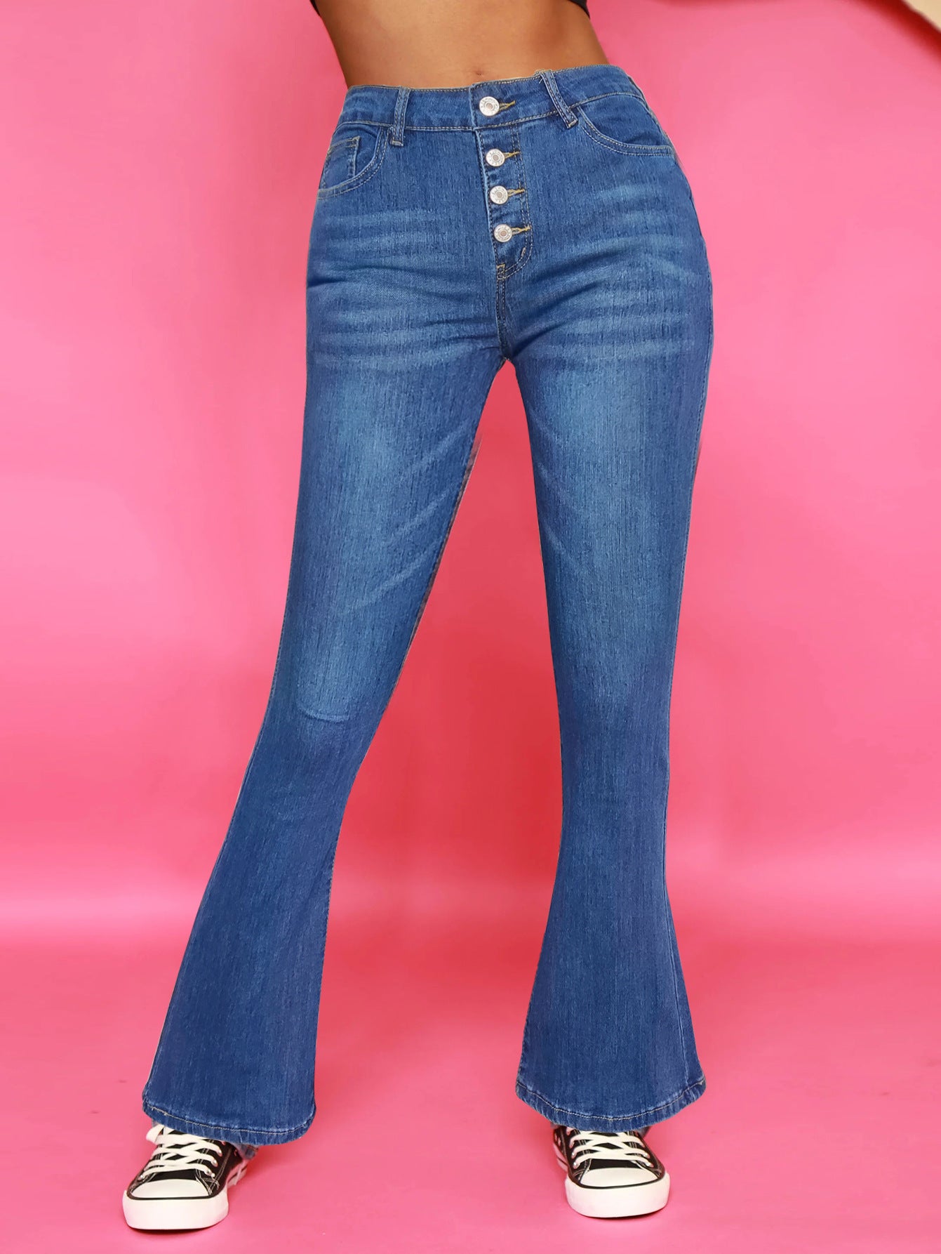 Simple Loose Micro Flared Casual Breasted Washed Denim Trousers Women