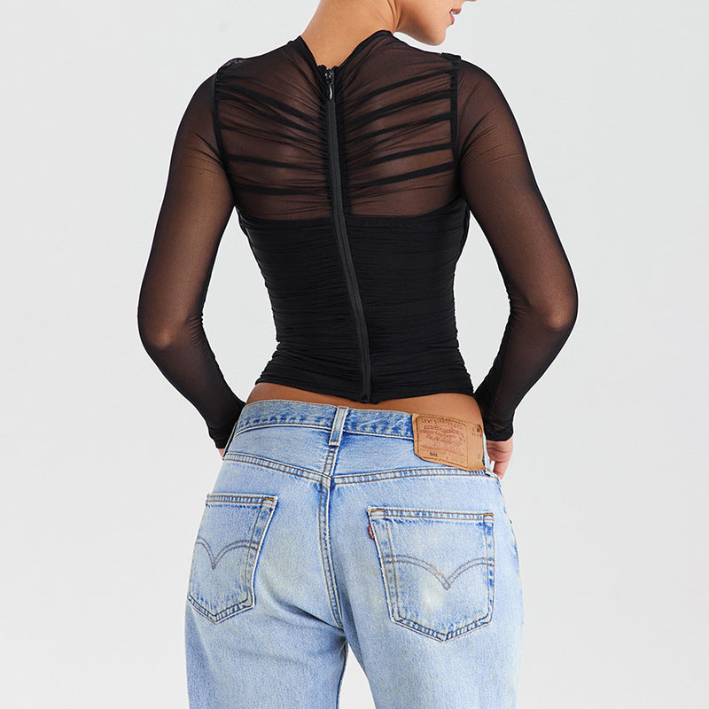 Sexy Mesh Stitching Zipper See through Long Sleeve Short Top