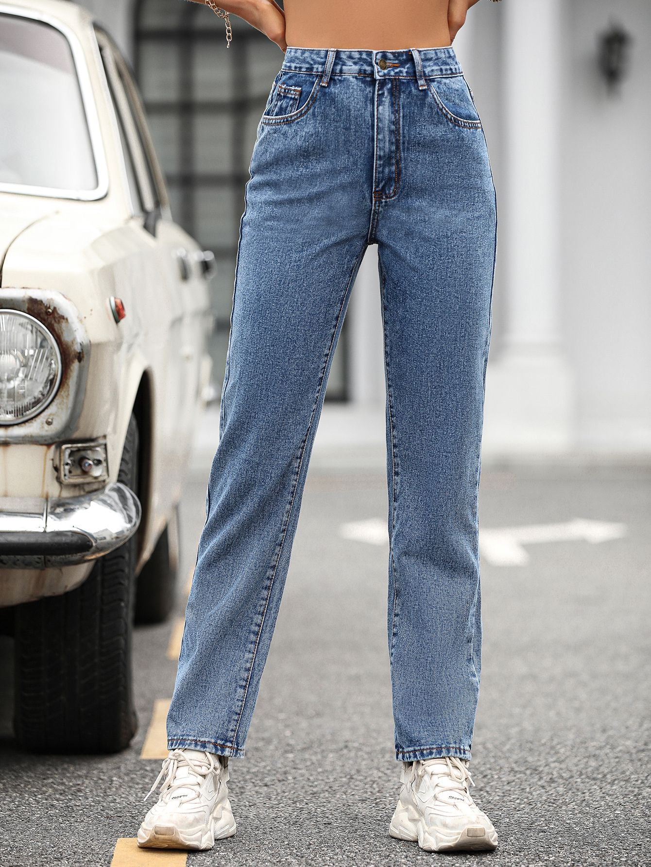 Pantalon droit en denim taille haute rétro pour femme