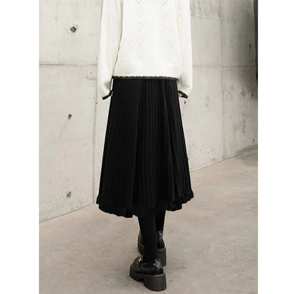 Fall Winter Skirt Women Knitted Umbrella Skirt High Waist A line Large Hem Ruffled Wool Long Skirt