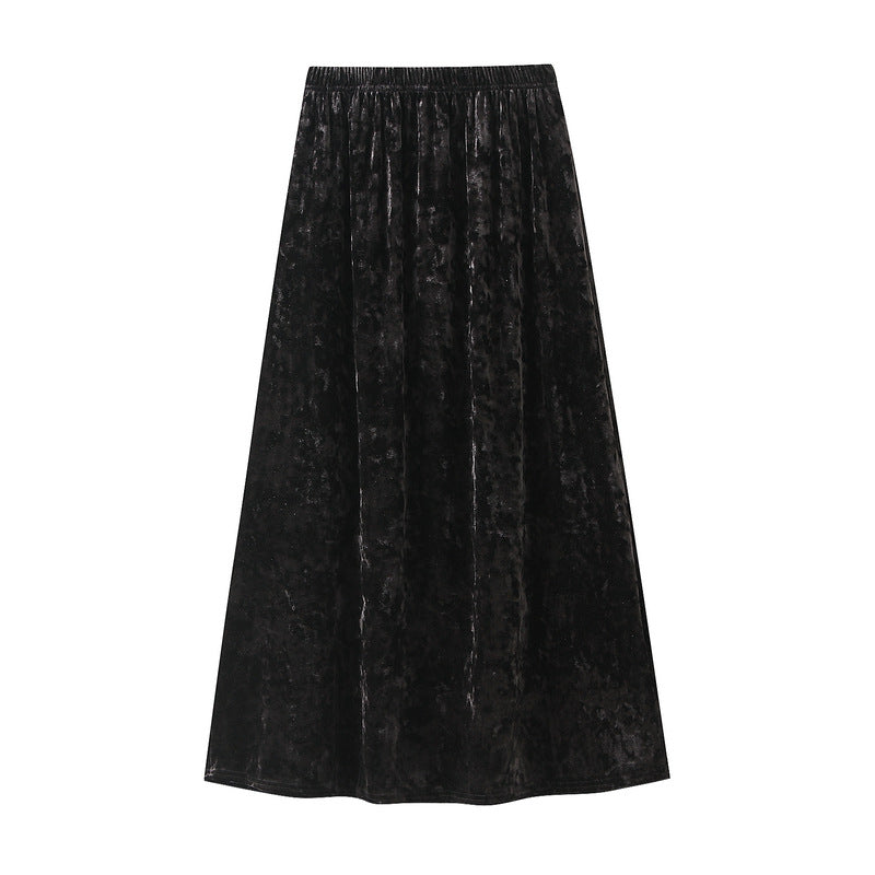 Fashionable Glossy Velvet Skirt Women Mid Length Drooping Straight Skirt High Waist Slimming Office Lady Skirt Autumn