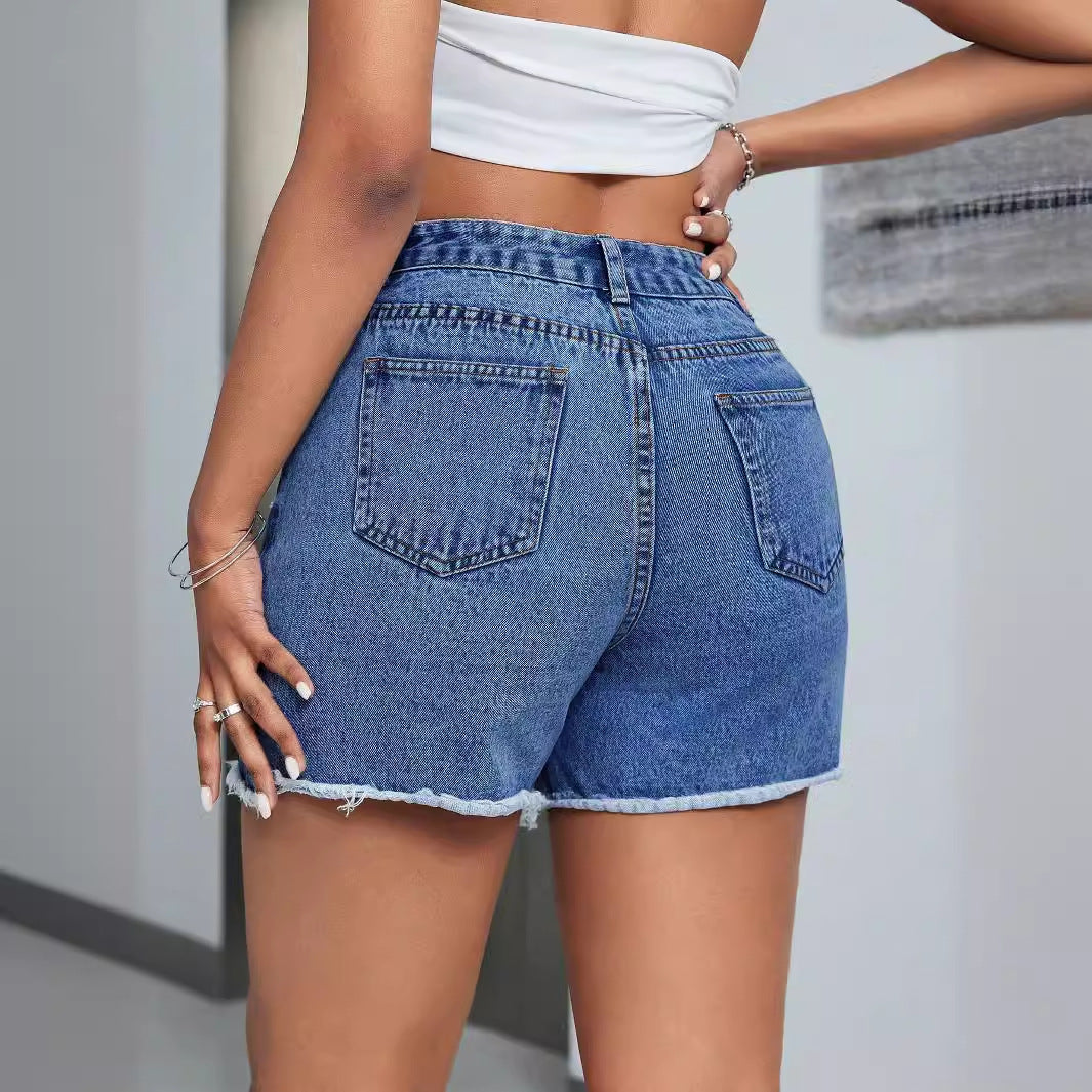 Short en jean taille haute ample et amincissant à bords bruts pour femme