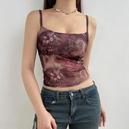 Retro Printed Slim Fit Mesh Camisole Top Spring Summer Sexy Sexy Low Cut Backless Underwaist