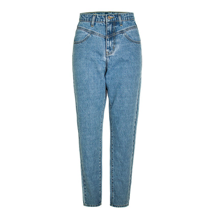 Vêtements pour femmes Pantalon en denim délavé taille haute Slim Straight Street Feet Vêtements pour femmes