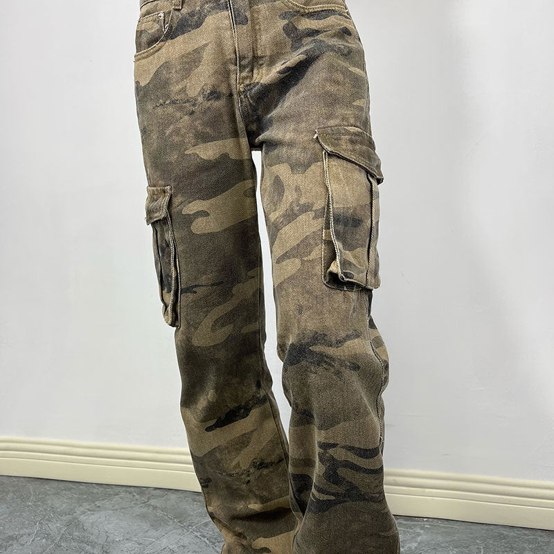 Pantalon de travail camouflage High Street pour femme, pantalon de poche, style hipster, coupe droite