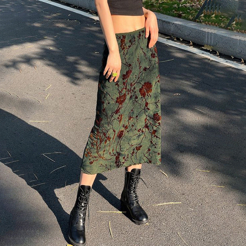 Artistic Retro Printing Straight Midi Skirt High Waist Lake Green Girl White Graceful Skirt