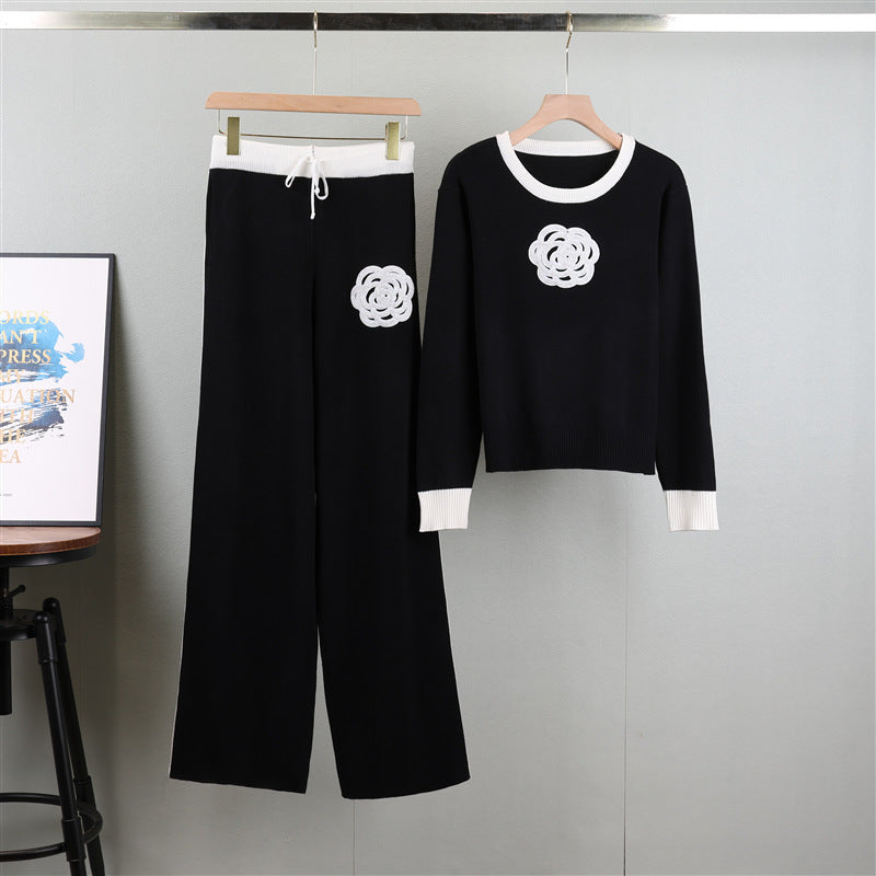 Autumn Winter Sweater Suit Two Piece Set Crew Neck Casual Lazy Office Classic Contrast Color Women Clothing