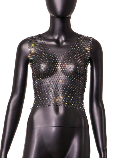 Gilet en maille diamant sexy découpé pour boîte de nuit disco pour femme