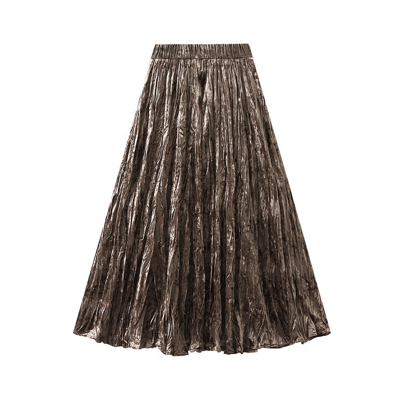 Pleated Velvet Skirt Women Autumn Winter High Waist A Line Skirt Mid Long Slim Pleated Skirt