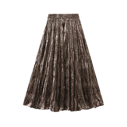 Pleated Velvet Skirt Women Autumn Winter High Waist A Line Skirt Mid Long Slim Pleated Skirt