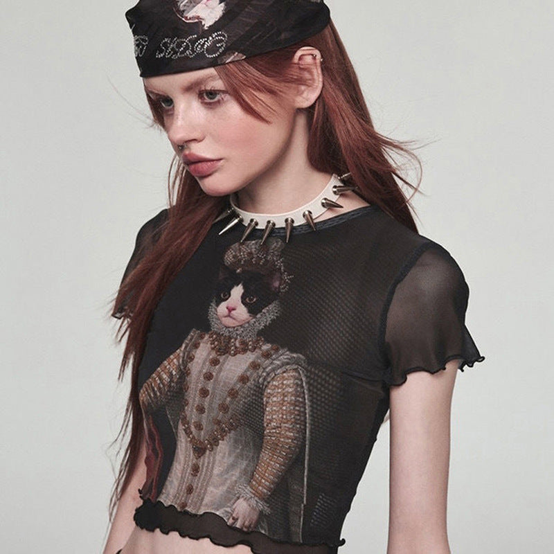 Retro Sexy Cat Printing Mesh Top Women Clothing Trendy Summer