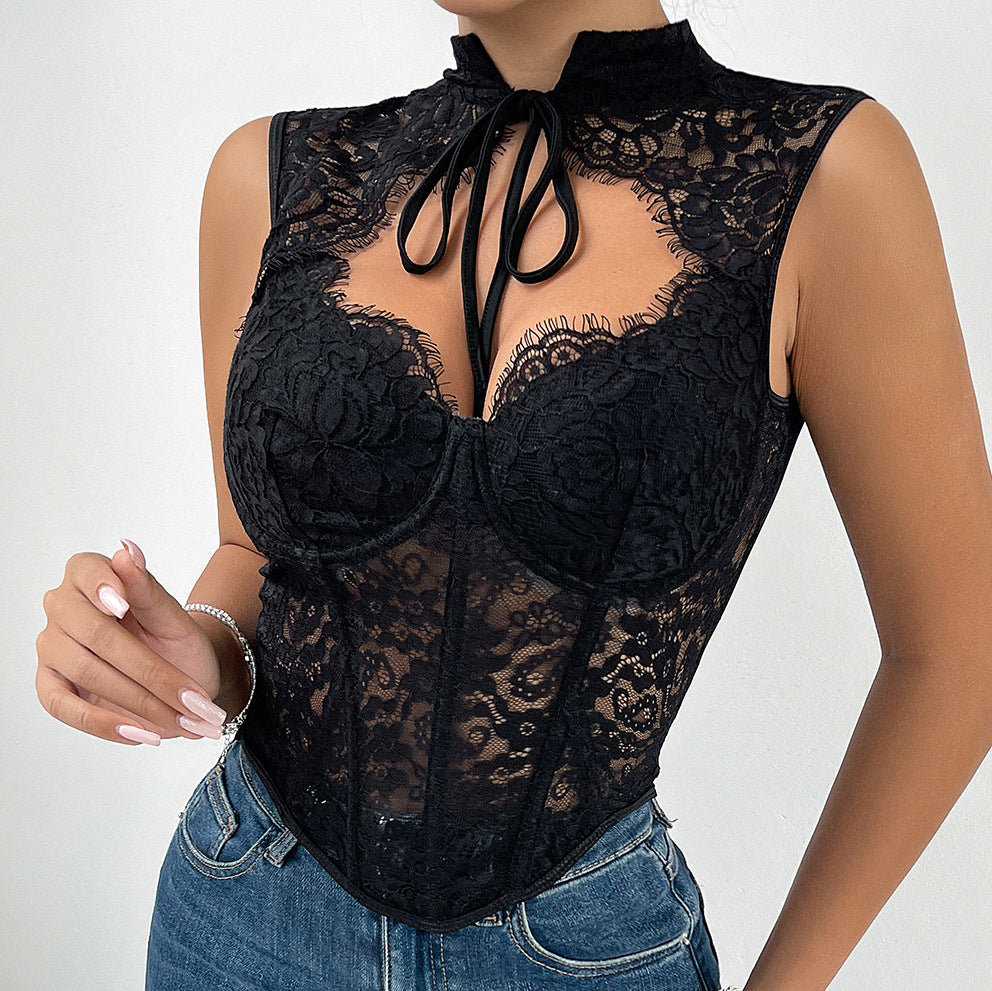 Sexy Lace Transparent Mesh Boning Corset Corset Sexy Outer Wear Vest