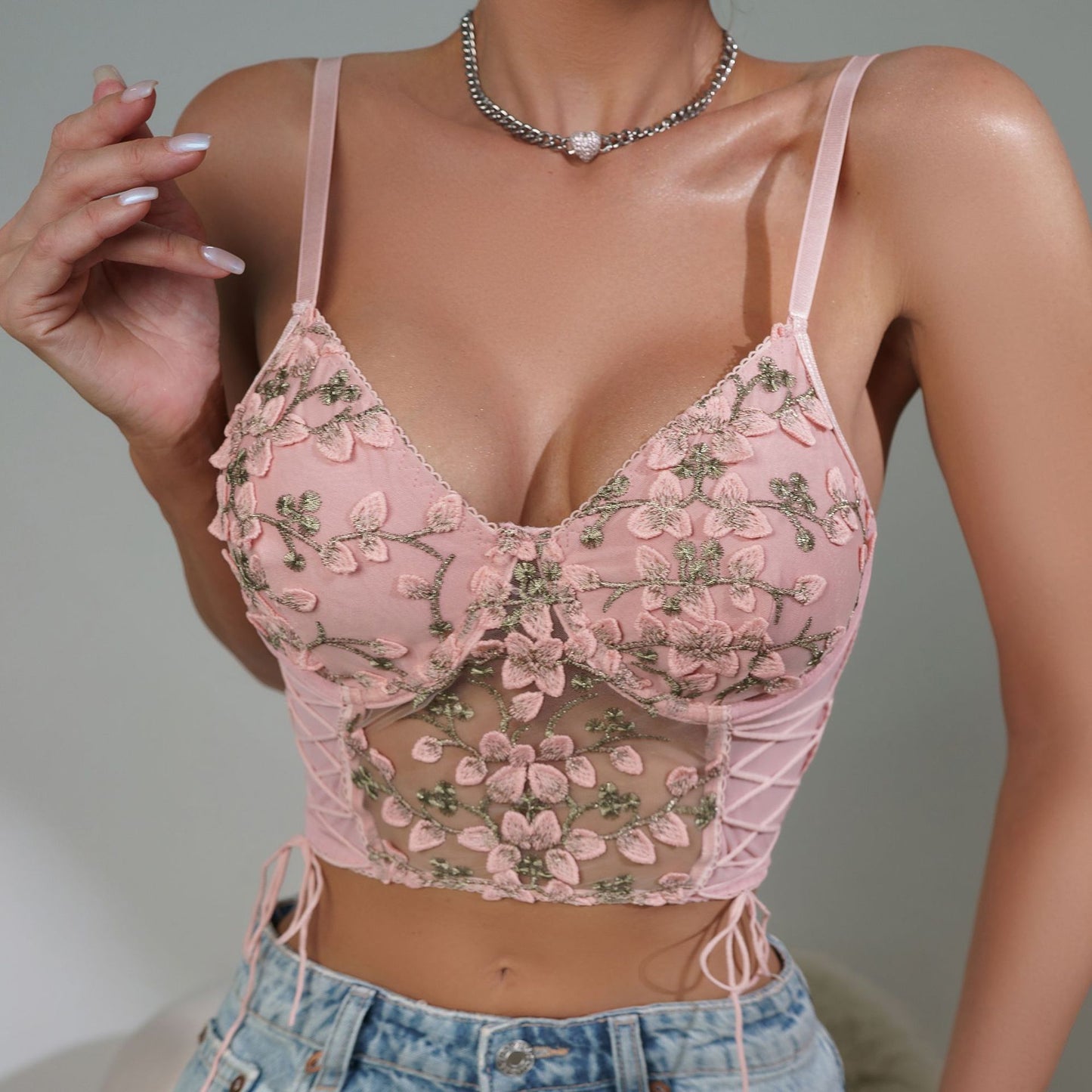 Sexy Stickerei Korsett mit Entbeinung Taillengürtel Band Sexy Sheer Mesh Sexy Unterwäsche für Frauen