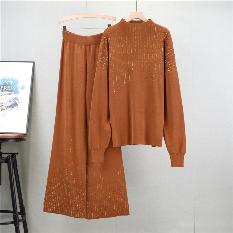 Fashionable Knitted Suit Autumn Winter Loose Heavy Embroidery Drilling Dinified Sweater Two Piece Set Women