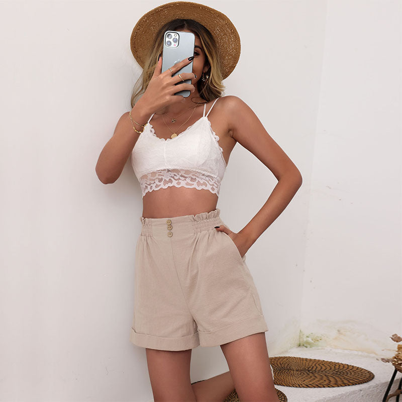 Sommer Lose Weite Bein Hosen Frauen Einfarbig Baumwolle Leinen Shorts