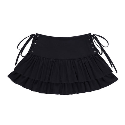 Double Layer Skirt Lace up Waist Skirt Spring Black Sexy Shrink Skirt