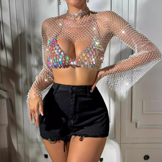 Popular Rhinestone Mesh Rhinestone Nightclub Sexy Long Sleeve Backless Sexy Blouse Imitation Shell Colored Beads Sling