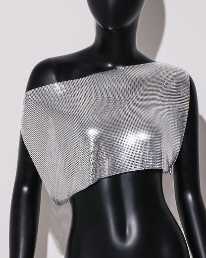 Haut à paillettes en métal pour femmes, haut à épaules obliques, gilet à col dénudé, haut à paillettes en maille d'aluminium