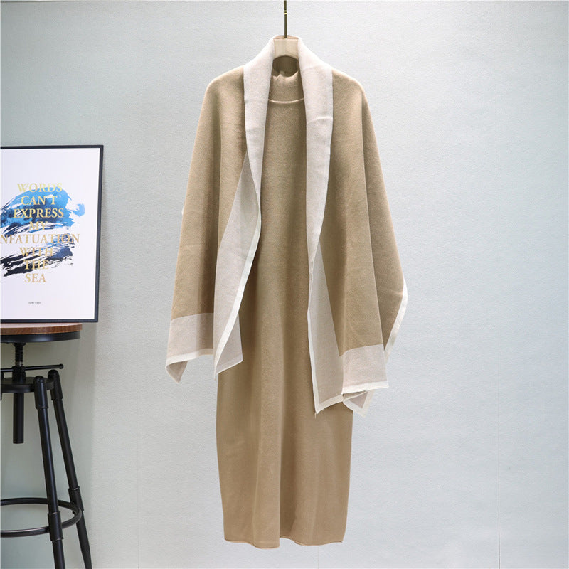 Fashionable Knitting Suit Early Autumn Color Matching Scarf Solid Color Dress Women