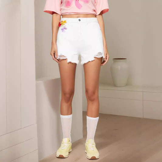 Short en jean pour femme Short blanc brodé à fleurs fraîches et déchirées Short pour femme