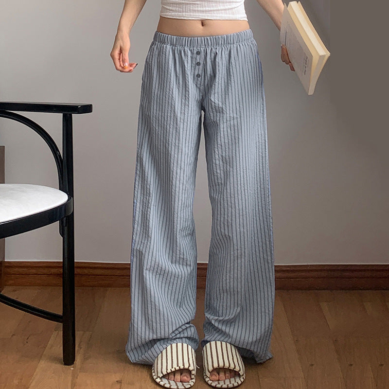 Casual Contrast Color Stripes Woven Pants Elastic Waist Design Lazy Feeling Home Casual Loose Pants