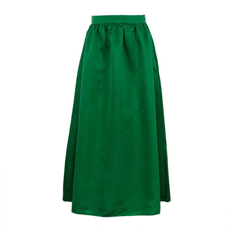 Jupe longue en satin vert pour femme, vêtement d'été simple, taille haute, grande jupe parapluie