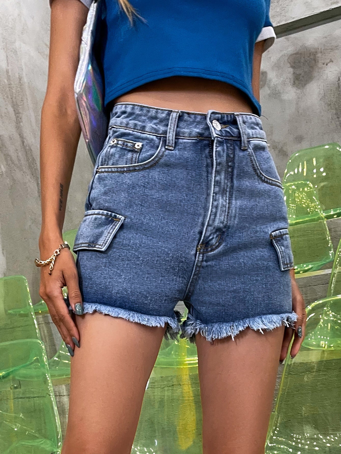 Short en jean droit pour femme Pantalon délavé taille haute en jean foncé