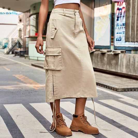 Jupe salopette à lacets en denim pour femmes Jupe mi-longue décontractée