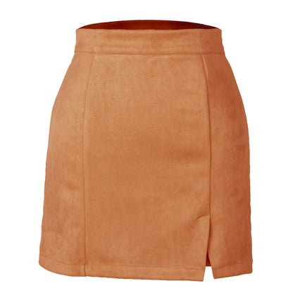 Women Clothing Suede Hip Skirt High Waist Zipper Autumn Winter A line Solid Skirt Women