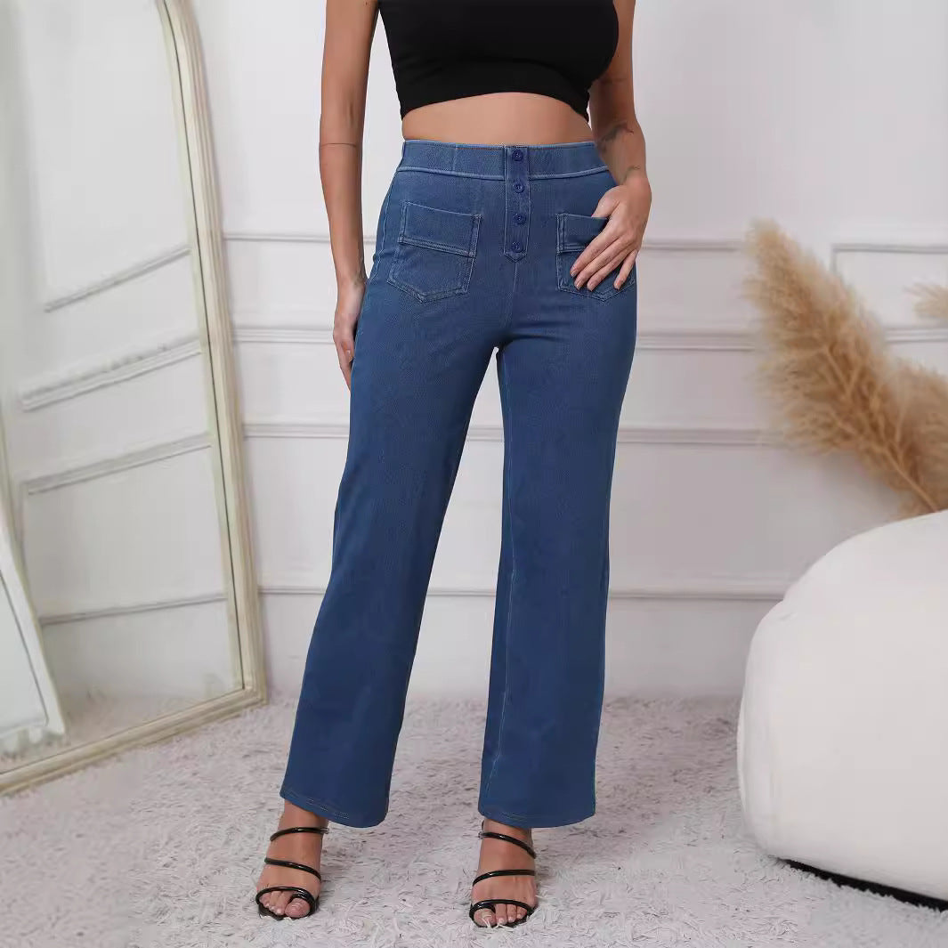 Lässige gerade Hose für Damen, hohe Taille, Knopfleiste, elastische Hose