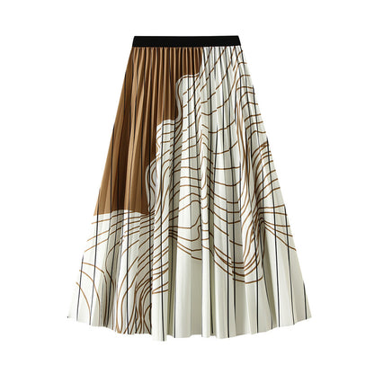 Pleated Skirt Women Mid Length Design Black White Contrast Color Irregular Asymmetric Striped Slimming Retro Long Skirt