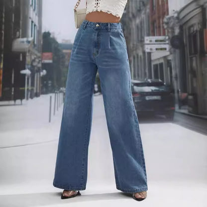 Vêtements pour femmes Pantalon en denim à la mode flatteur pour la silhouette, taille haute, jambe large, droit