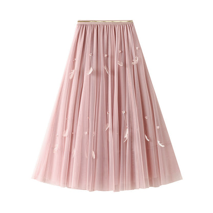 Super Fairy Rock A-Linie Rock Mittellanger Expansionsrock Damen Herbst Hohe Taille Feder Pettiskirt