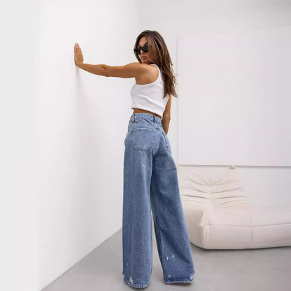 Retro Straight Ripped Jeans Women Summer Wide Leg Pants