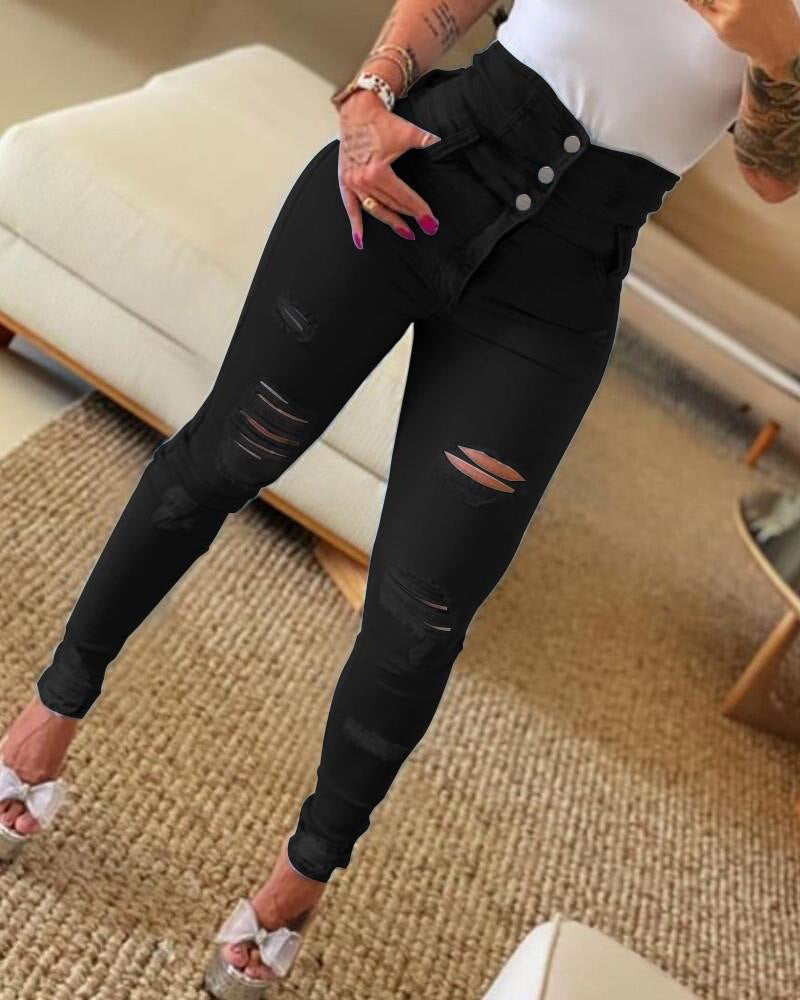 Pantalon skinny taille haute pour femme, style décontracté et tendance, avec des jeans déchirés et une taille haute