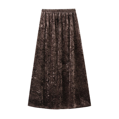 Fashionable Glossy Velvet Skirt Women Mid Length Drooping Straight Skirt High Waist Slimming Office Lady Skirt Autumn