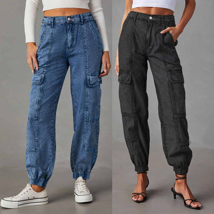 Cargo-Jeans für Damen, Herbst, lässig, elastische Taille, Knöchelriemen, lockere Damenhose