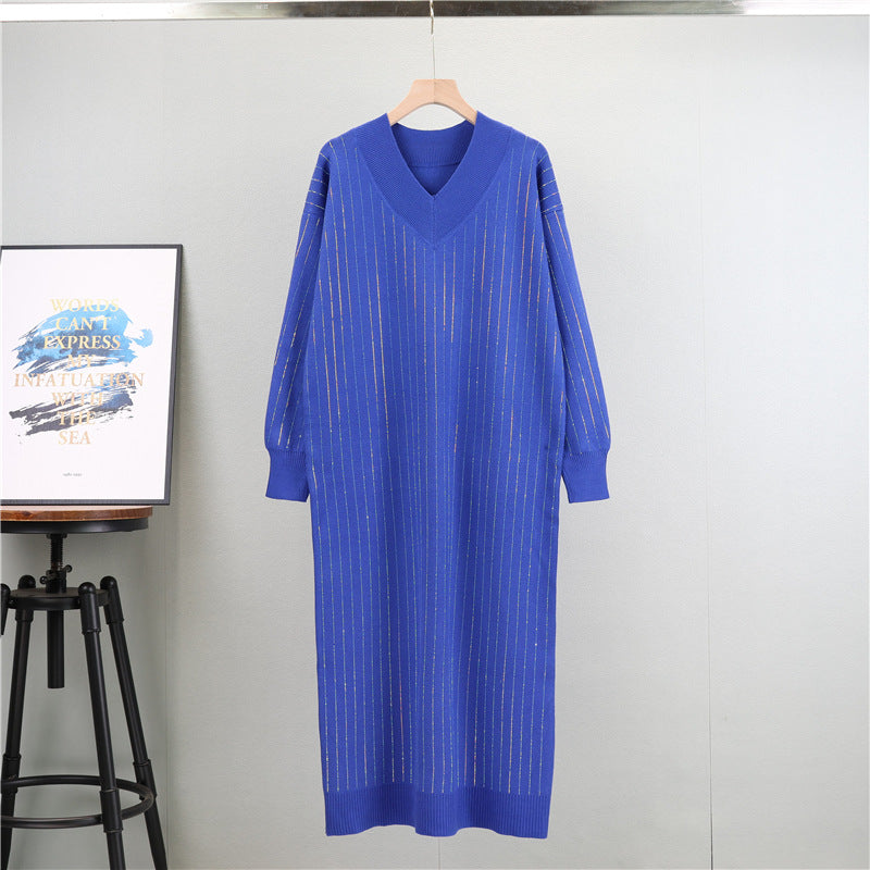 Heavy Embroidery Drilling Knitted Dress Women V Neck Loose Western Slimming Outerwear Dress