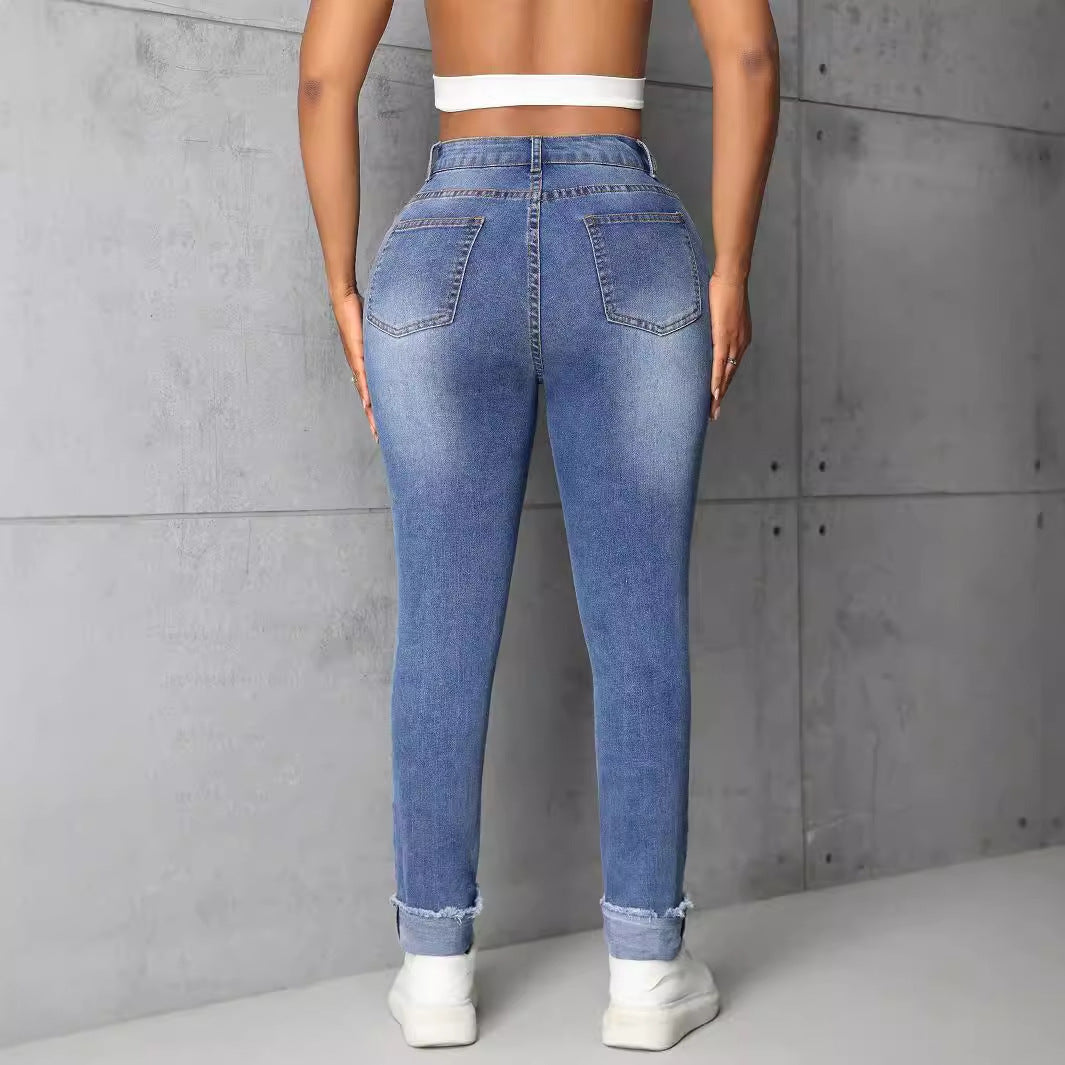 Vêtements pour femmes Pantalon en denim skinny droit déchiré à la mode