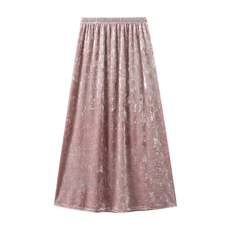 Fashionable Glossy Velvet Skirt Women Mid Length Drooping Straight Skirt High Waist Slimming Office Lady Skirt Autumn