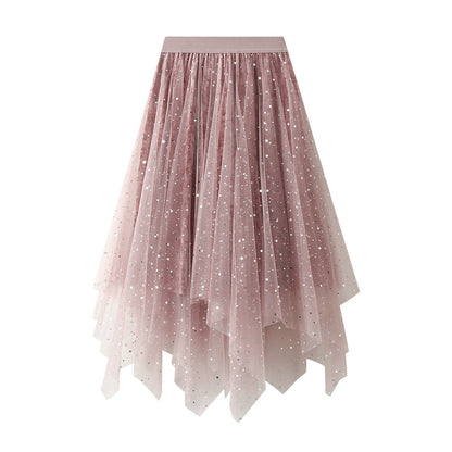 Puffy Starry Sky Mesh Skirt Autumn Korean Irregular Asymmetric Velvet Dress Mid Length Women